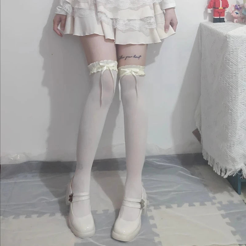 Lace Ruffle Long Sweet Lolita Lace Over The Knee Bowknot Hosiery Black White Women Socks Stockings