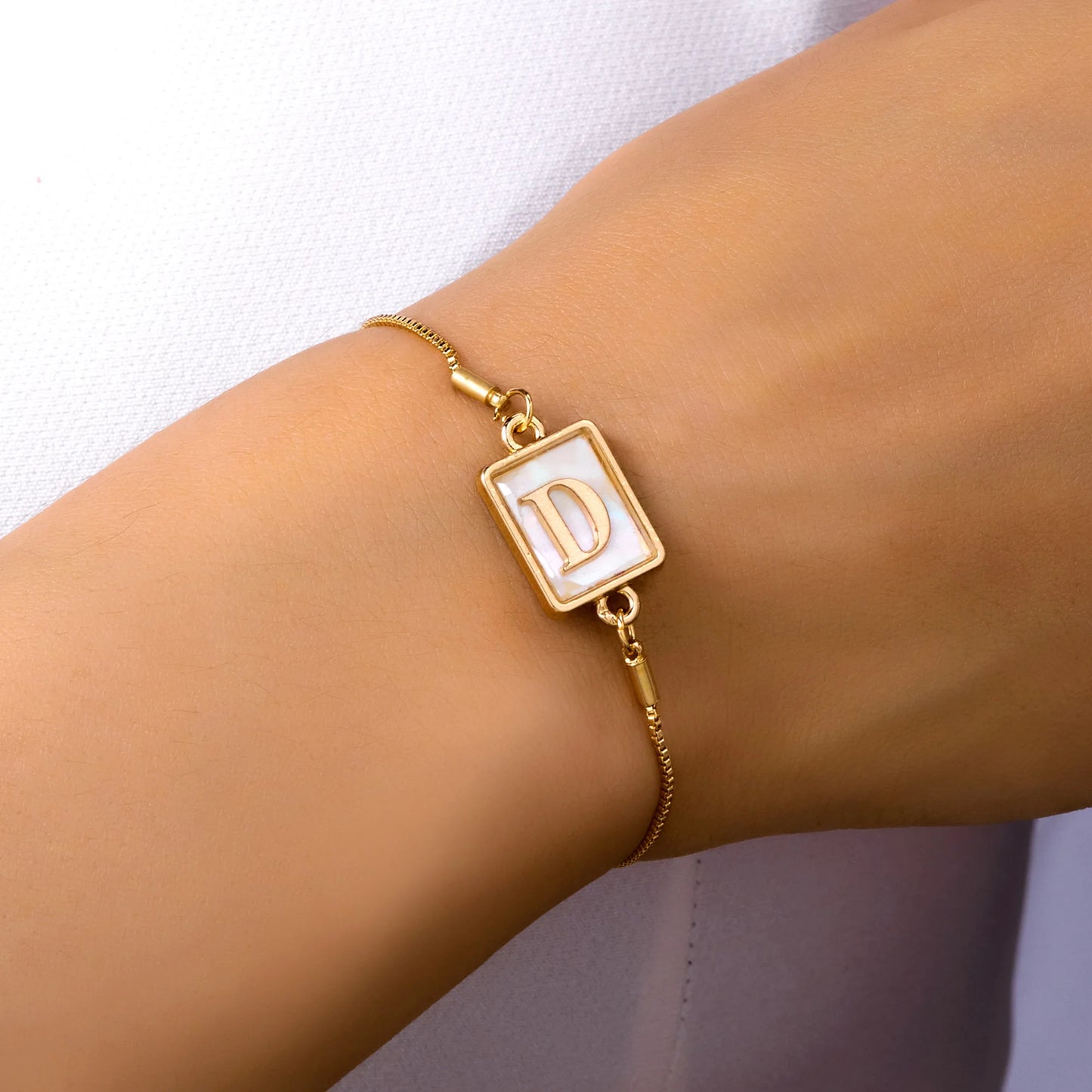 Luminous Square White Shell 26 Alphabet A-Z Initials Letters Adjustable Chain Gold Women Bracelet