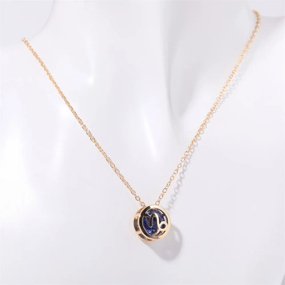 Hollow Carved 12 Constellations Symbol Pendant Trend Crystal Month Birthstone Women Necklaces Choker