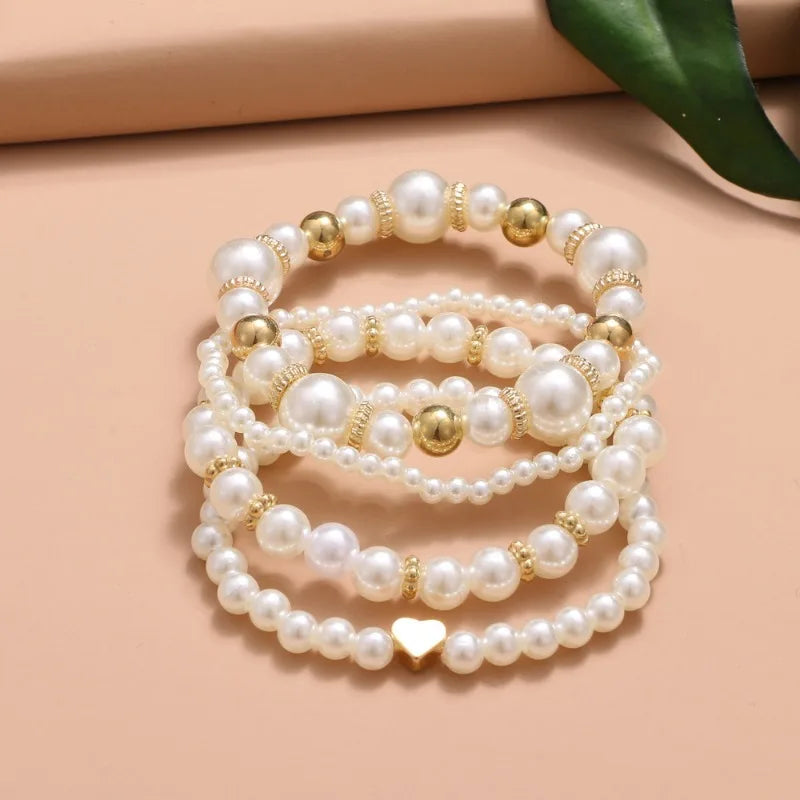 4pcs Beautiful Versatile Pearl Gold Beads Love High Grade Elegant Fashion Women Bracelet Bangle Set