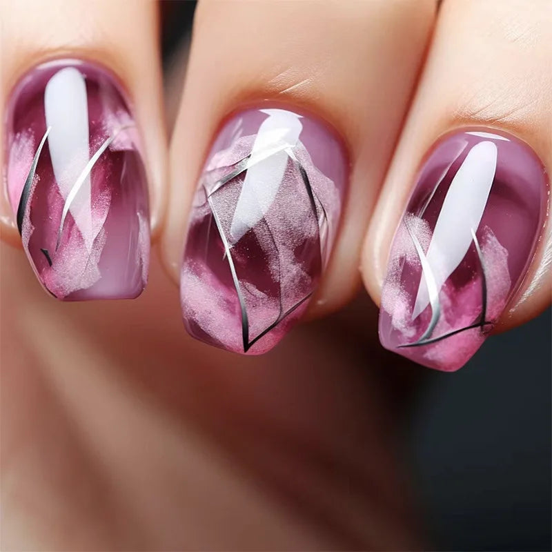 24pcs Short Round French Sparkling Pearl Wavy Love Heart Full Cover Detachable False Press On Nails