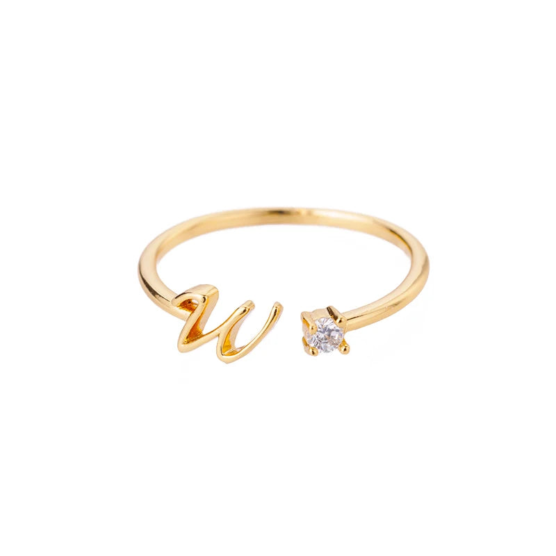 A-Z Initial Open Adjustable Wedding Trendy Crystal Zircon Gold Couple Women Rings Jewelry Gift