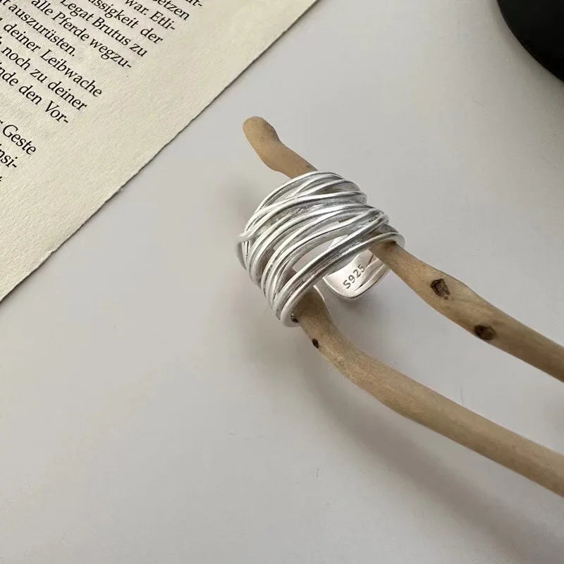 Women Fashion Geometric Handmade Irregular Lines Silver Color Sterling Rings Christmas Fall Gift
