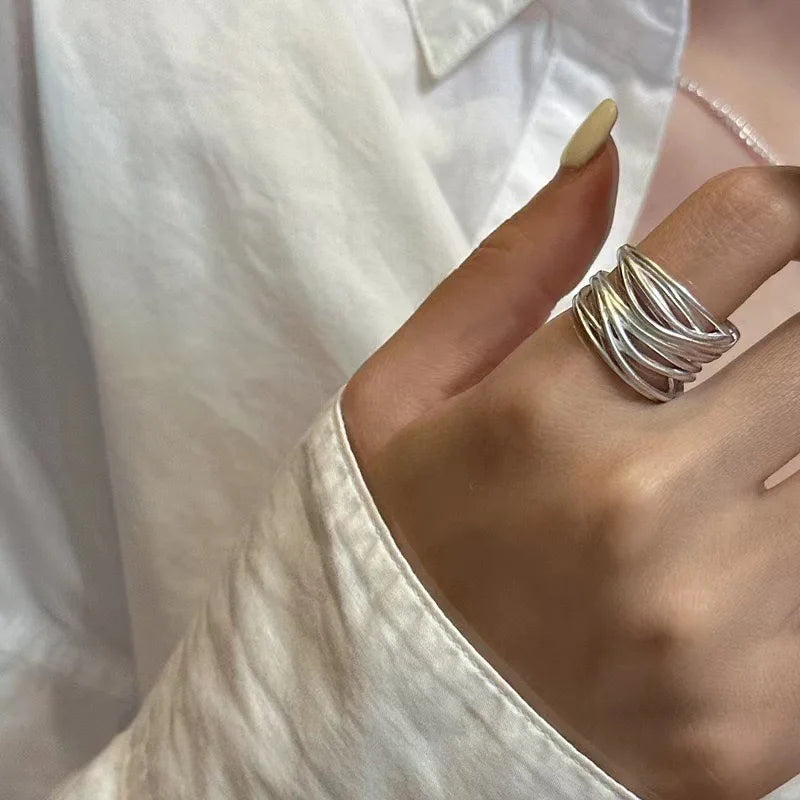 Women Fashion Geometric Handmade Irregular Lines Silver Color Sterling Rings Christmas Fall Gift
