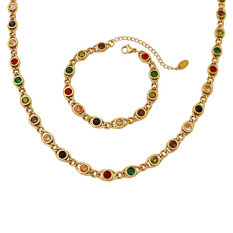 Colorful Zircon Fashion Copper Gold Women Necklace Bracelet Jewelry Set Jewelry Gifts