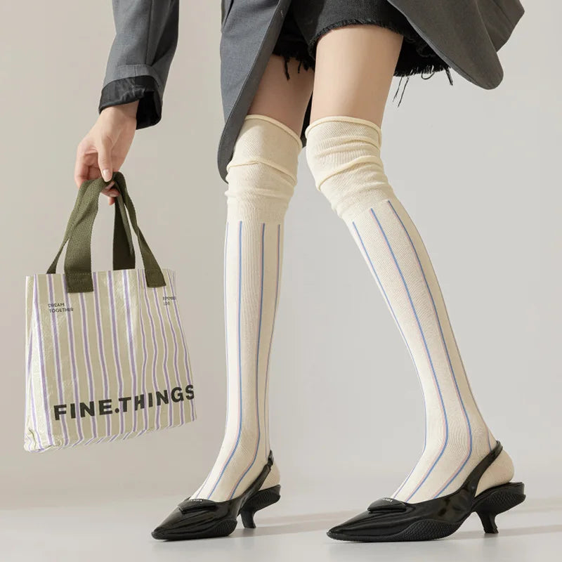 Autumn Fall Fashion Loose Mouth Vertical Stripe Stitching Slim Women Stockings Knee-high Piled Socks