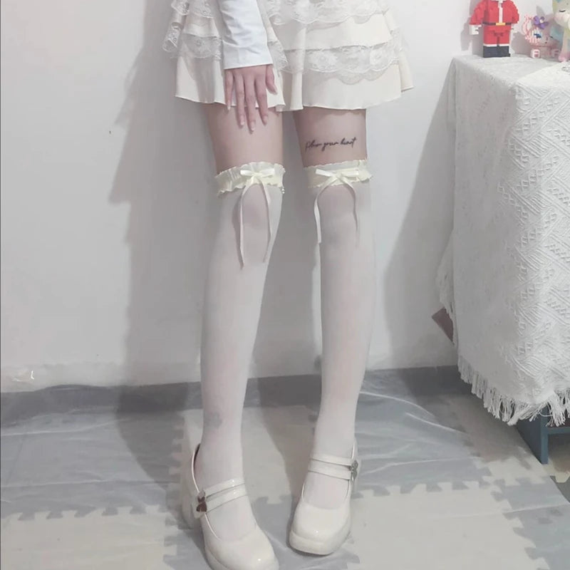 Lace Ruffle Long Sweet Lolita Lace Over The Knee Bowknot Hosiery Black White Women Socks Stockings