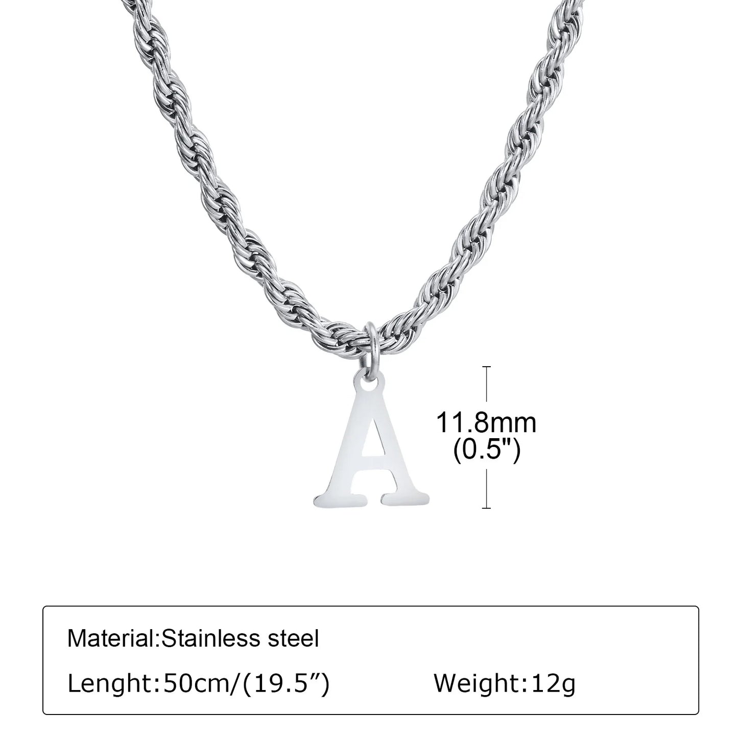 Initial A-Z Letters Alphabet Charm Pendant Twisted Rope Chain Unisex Gold Silver Women Men Necklaces