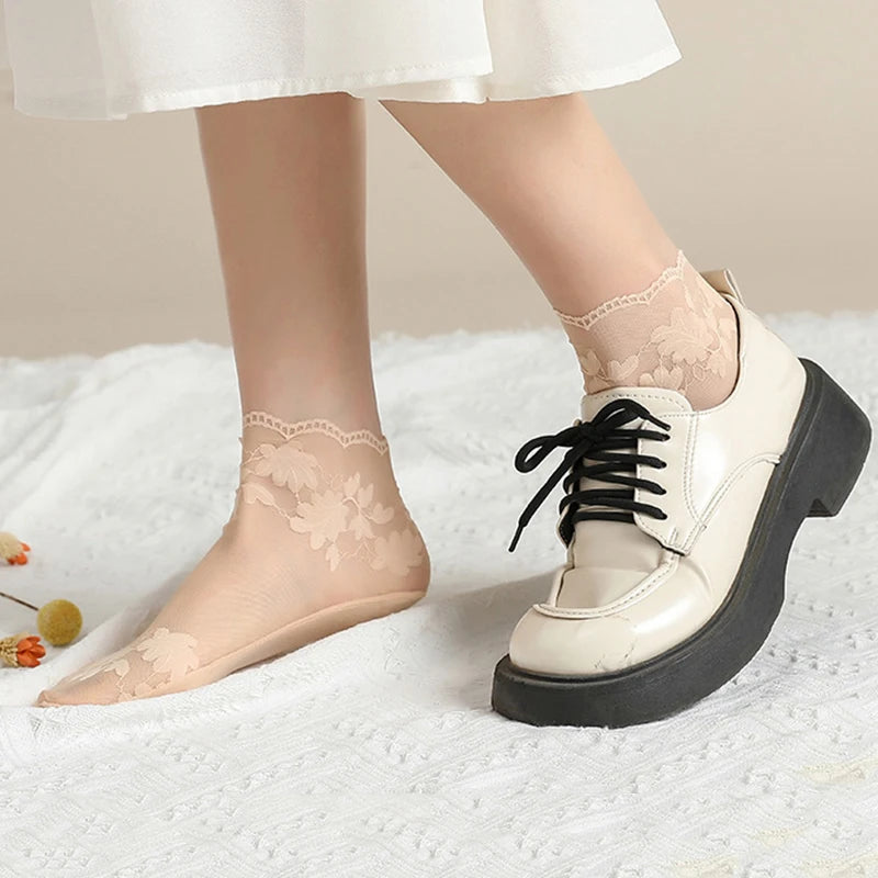 5 Pairs Socks Lace Transparent Lolita Invisible Thin Non-slip Short Ankle Low Cut Boat Women Socks
