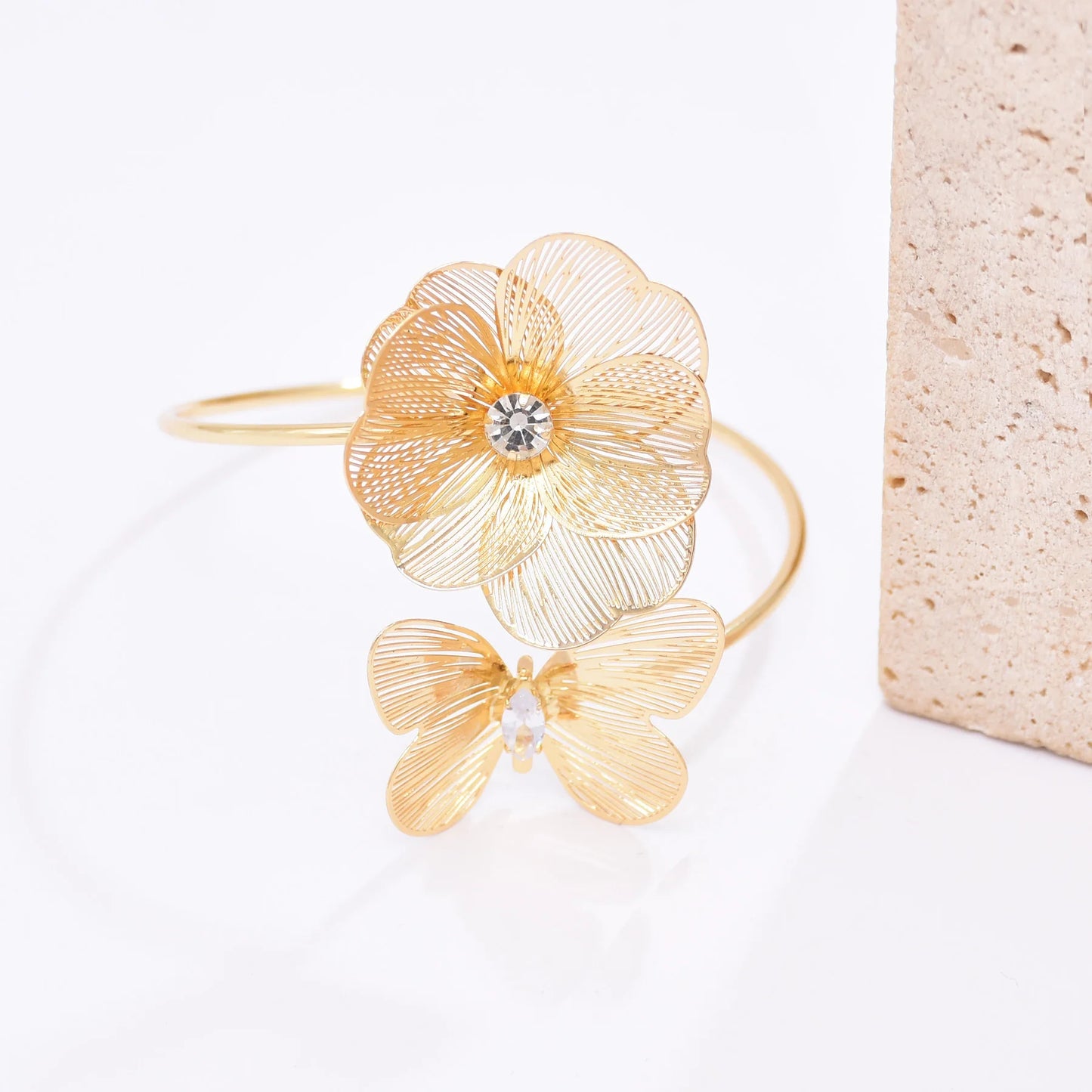 Hollow Crystal Flower Opening Arm Luxury Bridal Wedding Gold Silver Women Bracelet Bangle Jewelry