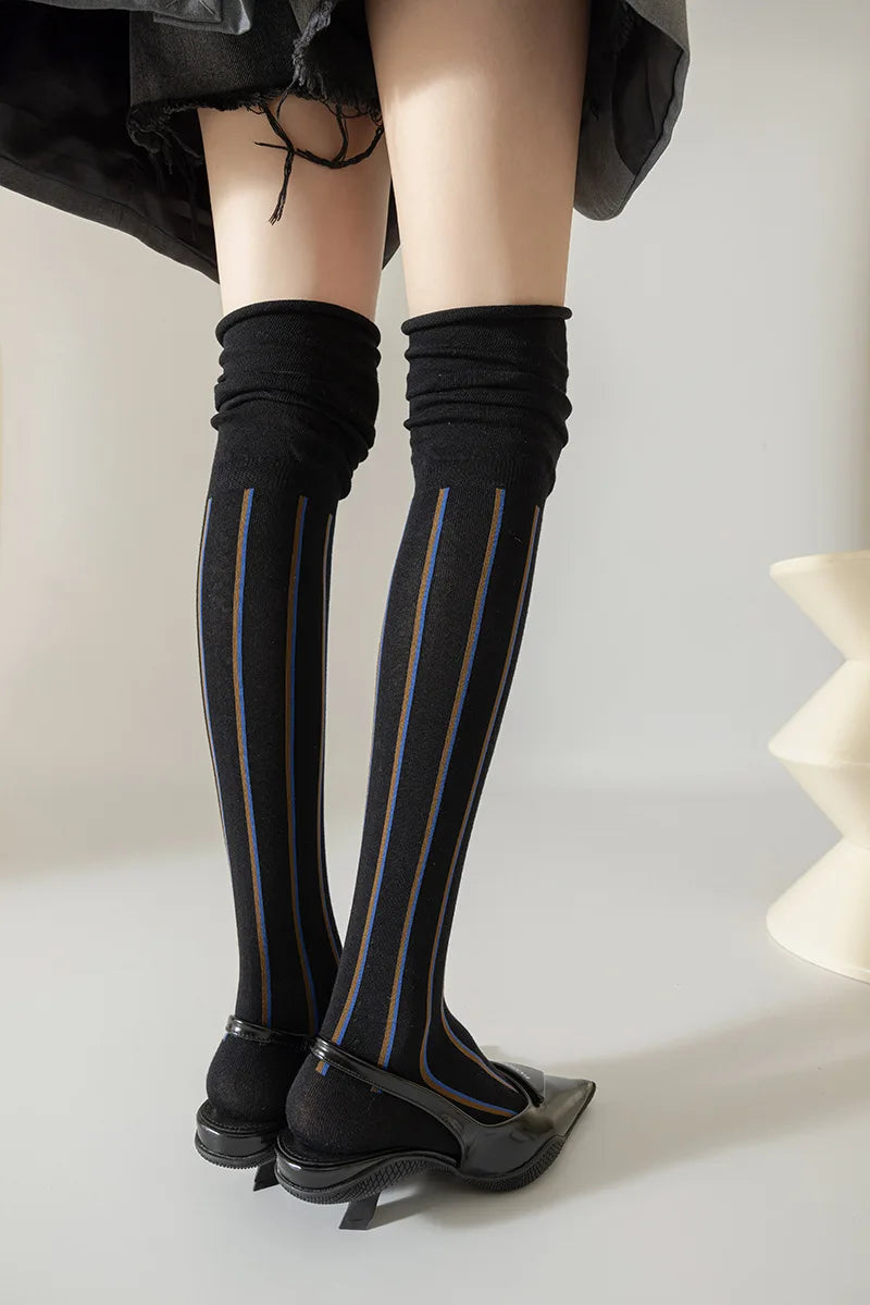 Autumn Fall Fashion Loose Mouth Vertical Stripe Stitching Slim Women Stockings Knee-high Piled Socks