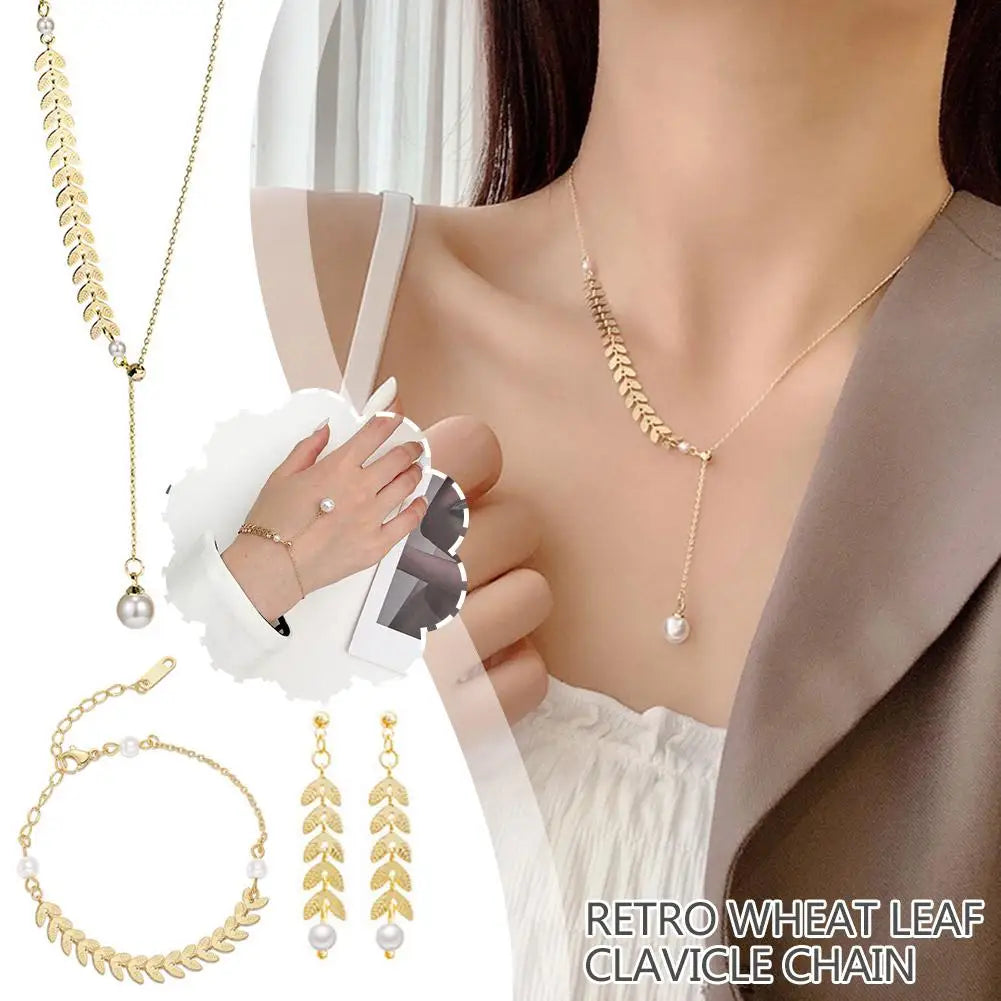 New Simple Wheat Ear Pearl Temperament Lucky Gold Charm Women Bracelet Necklace Earrings Jewelry Set