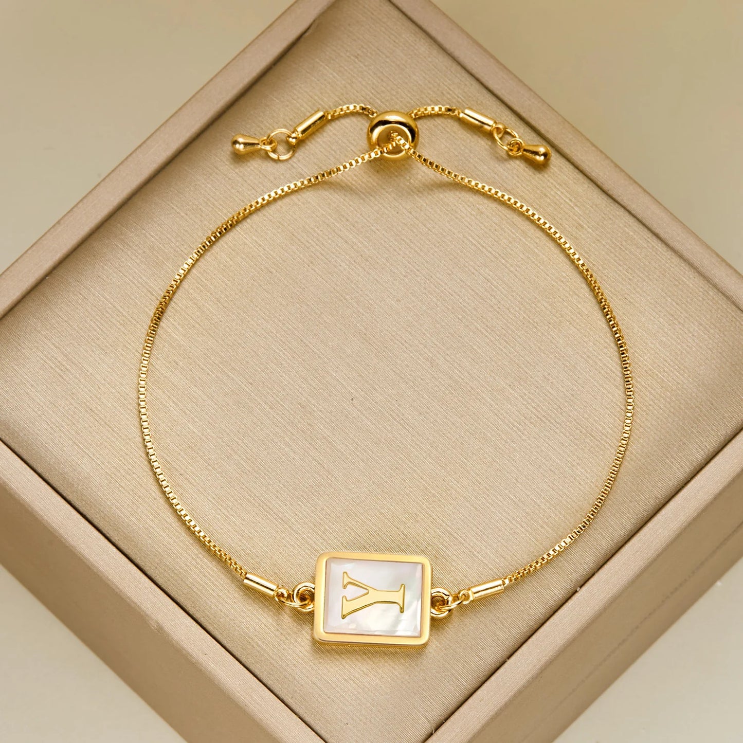 Luminous Square White Shell 26 Alphabet A-Z Initials Letters Adjustable Chain Gold Women Bracelet
