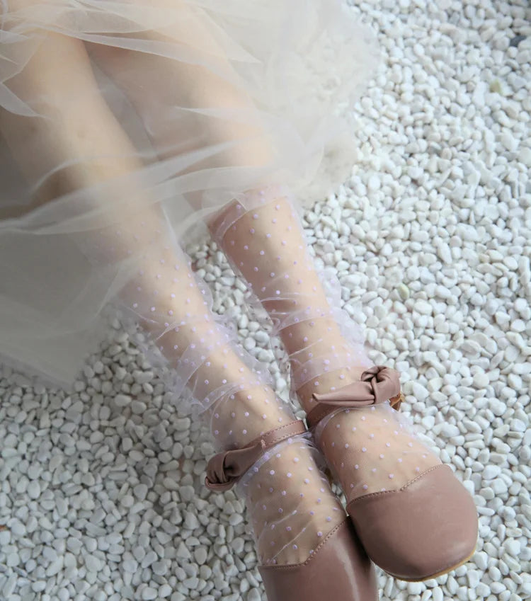 Sexy Dot Lace Transparent Mesh Ankle Ultra-Thin Princess Tulle Black White Grey Girls Women Socks