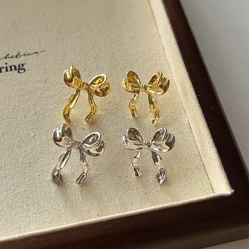 Design Sweet Cool Gold Silver Bow Knot Earrings Women Simple Elegant Jewelry Fall Christmas Gifts