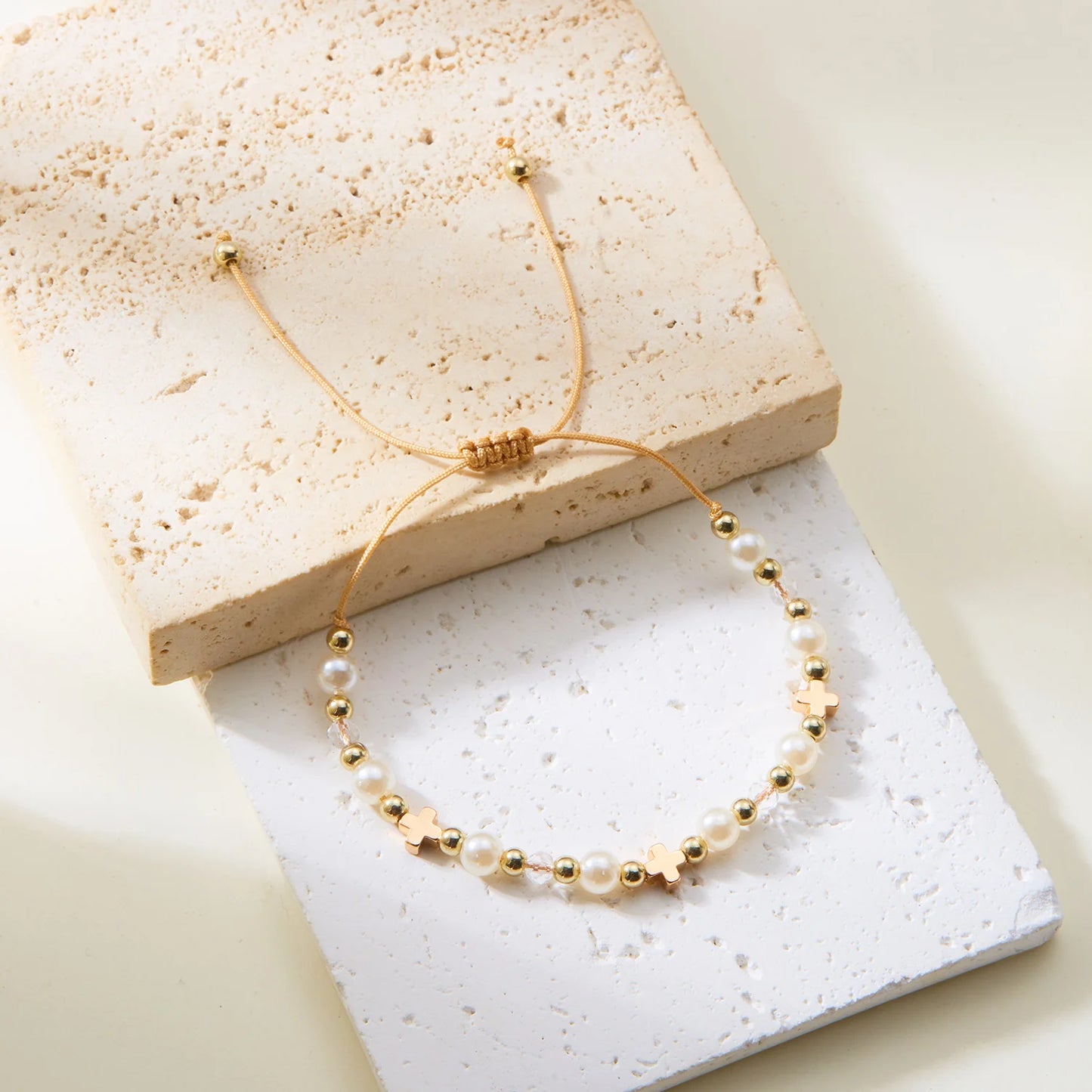 Classic Handmade White Beaded Cross Heart Star Fashion Simple Versatile Gold Women Bracelet Jewelry