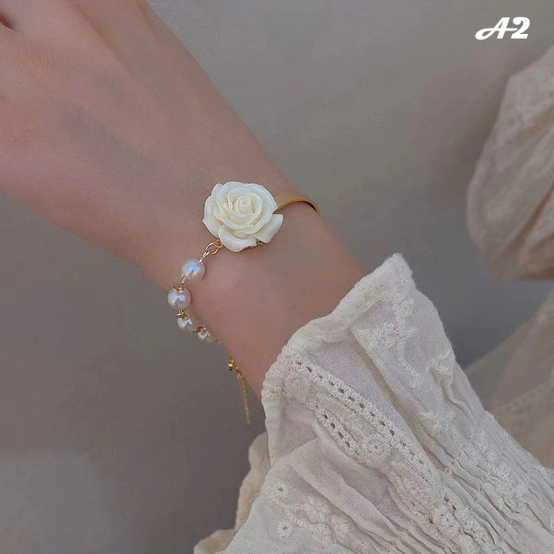 Korean Style Red White Rose Imitation Pearl Light Luxury Adjustable Cuff Gold Women Bracelet Jewelry