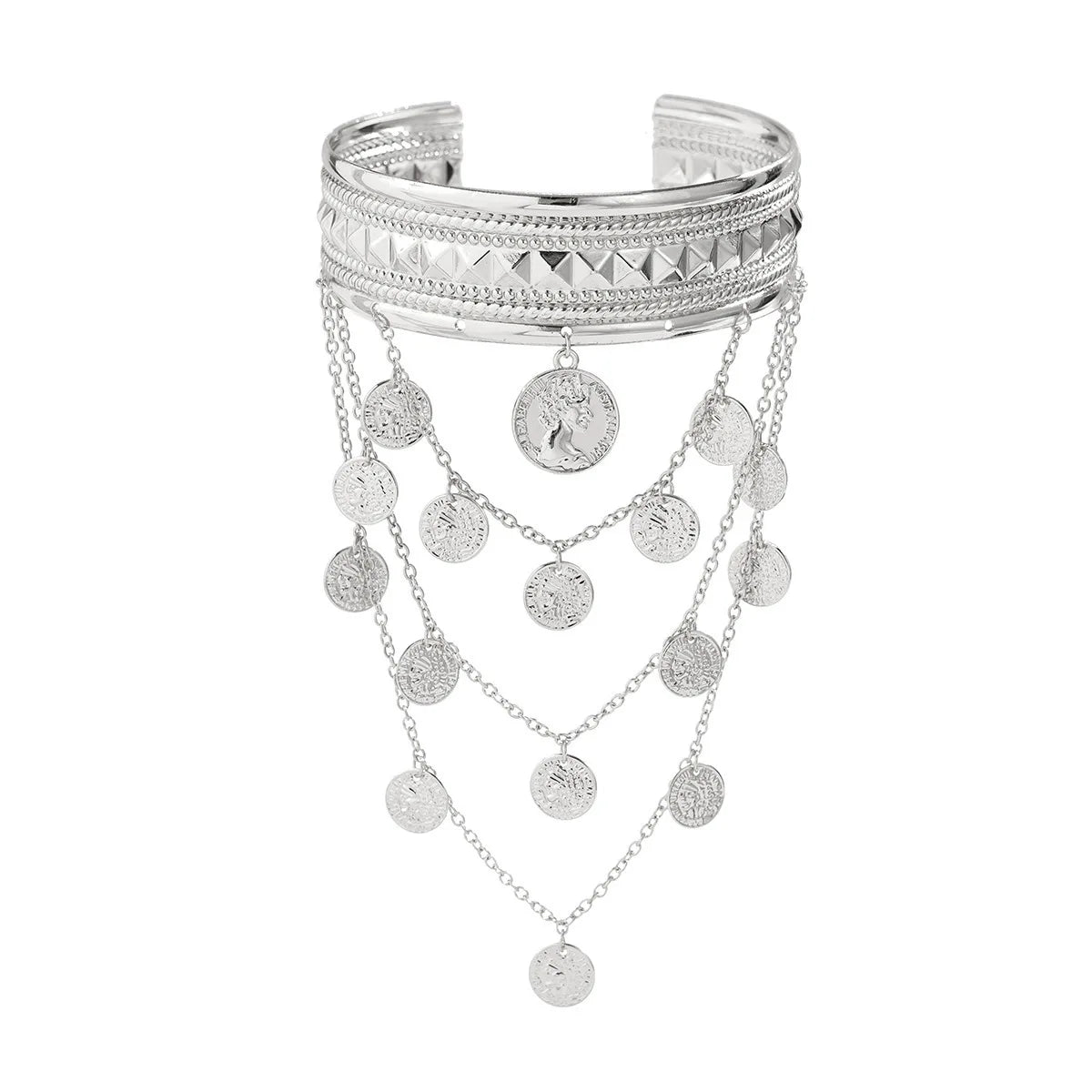 Trendy Metal Coin Leaf Chain Tassel Gold Silver Women Upper Arm Bangle Cuff Bracelet Armlet Armband