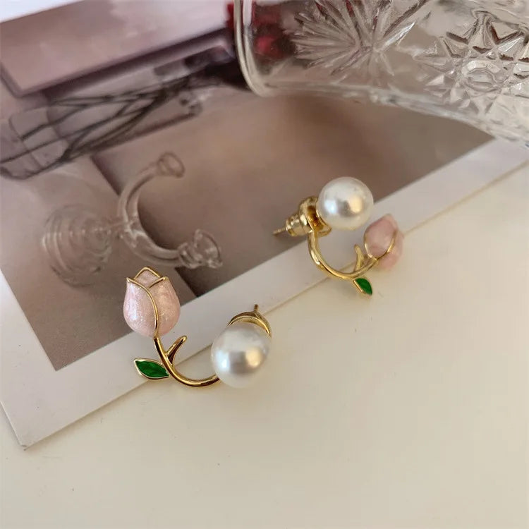 Sweet Fashion Enamel Pearl Tulip Flower Korean Zircon Back Hanging Gold Women Earrings Jewelry Gifts