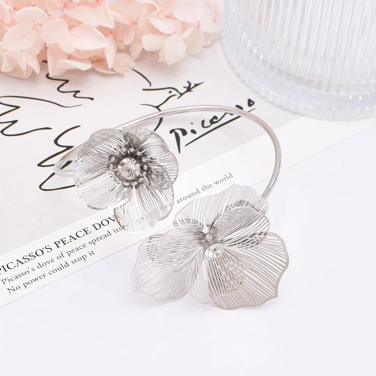 Hollow Crystal Flower Opening Arm Luxury Bridal Wedding Gold Silver Women Bracelet Bangle Jewelry