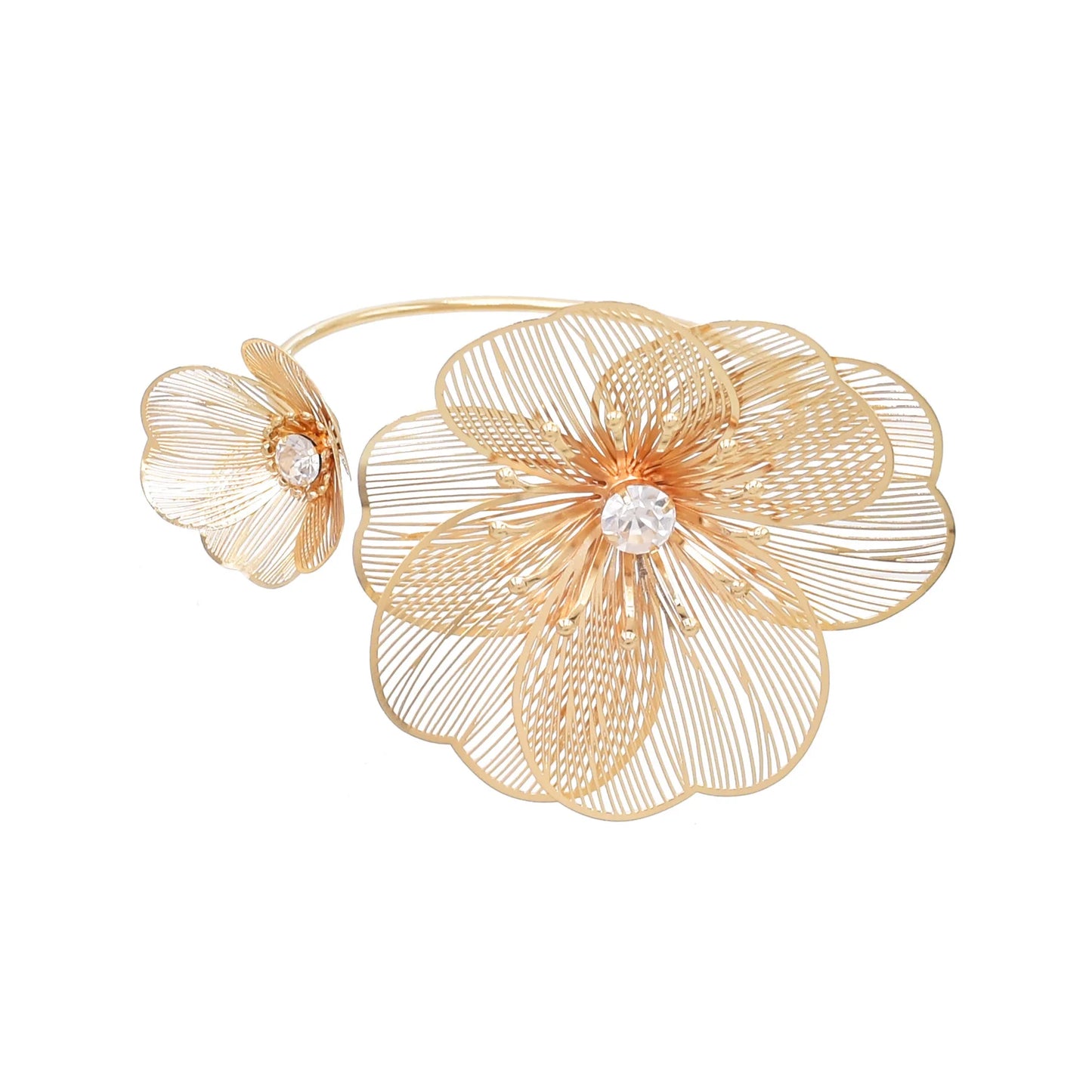 Hollow Crystal Flower Opening Arm Luxury Bridal Wedding Gold Silver Women Bracelet Bangle Jewelry