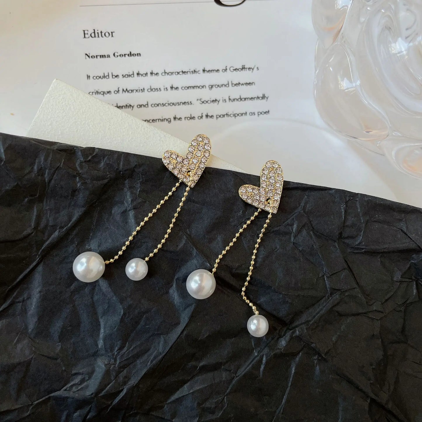 Crystal Heart Pearl Chain Tassel Long Drop Earrings Women Temperament Fall Christmas Jewelry Gift