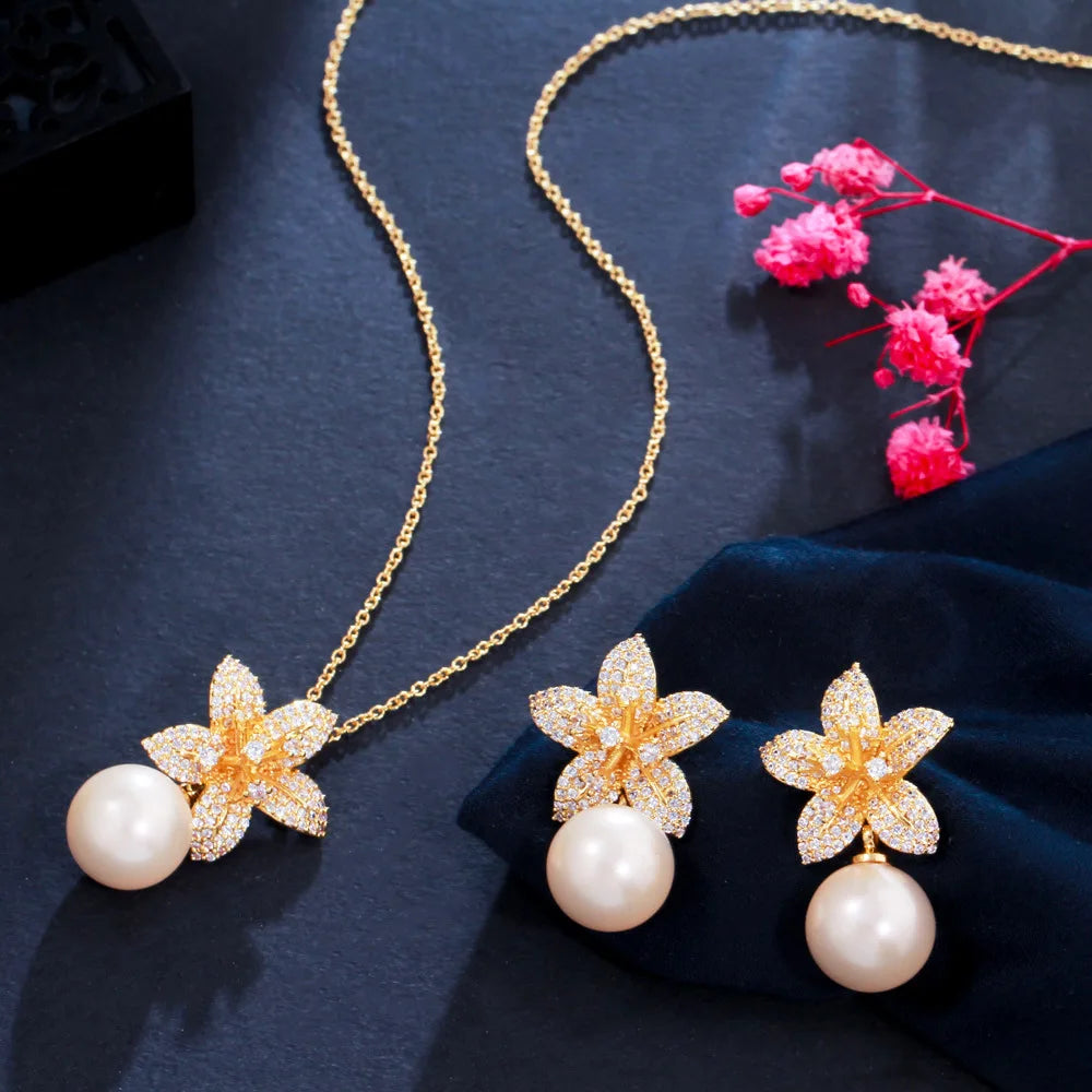 Pearl Flower Fairy Sweet Elegant Micro-Embedded Necklace Earrings Gold Silver Women Jewelry Set