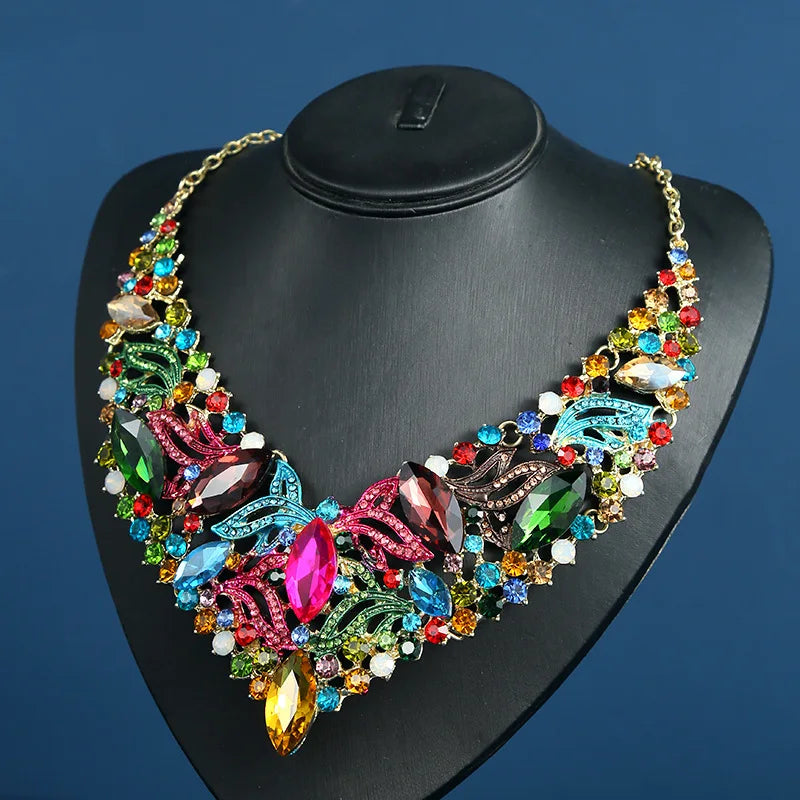 Geometric Colorful Crystal Glass Exaggerated Semi-precious Stone Earrings Necklace Jewelry Set Gift