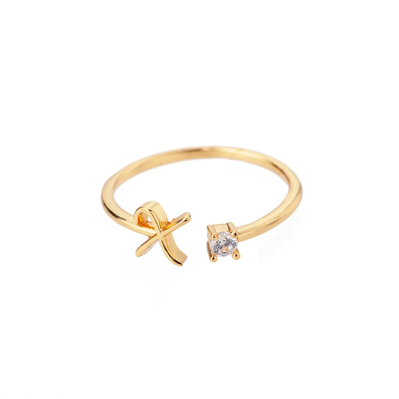 A-Z Initial Open Adjustable Wedding Trendy Crystal Zircon Gold Couple Women Rings Jewelry Gift