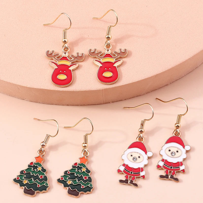 New Fashion Merry Christmas Tree Deer Santa Drop Dangle Beads Gold Women Earrings Jewelry Gifts
