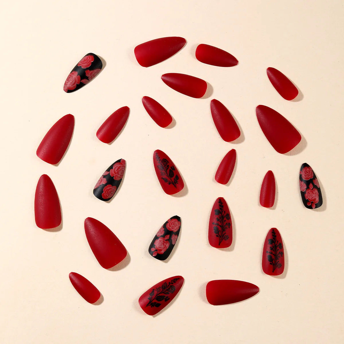 24pcs Fall Winter Matte Almond Rose Leaf Simple Full Cover Acrylic False Nails Press on with Glue