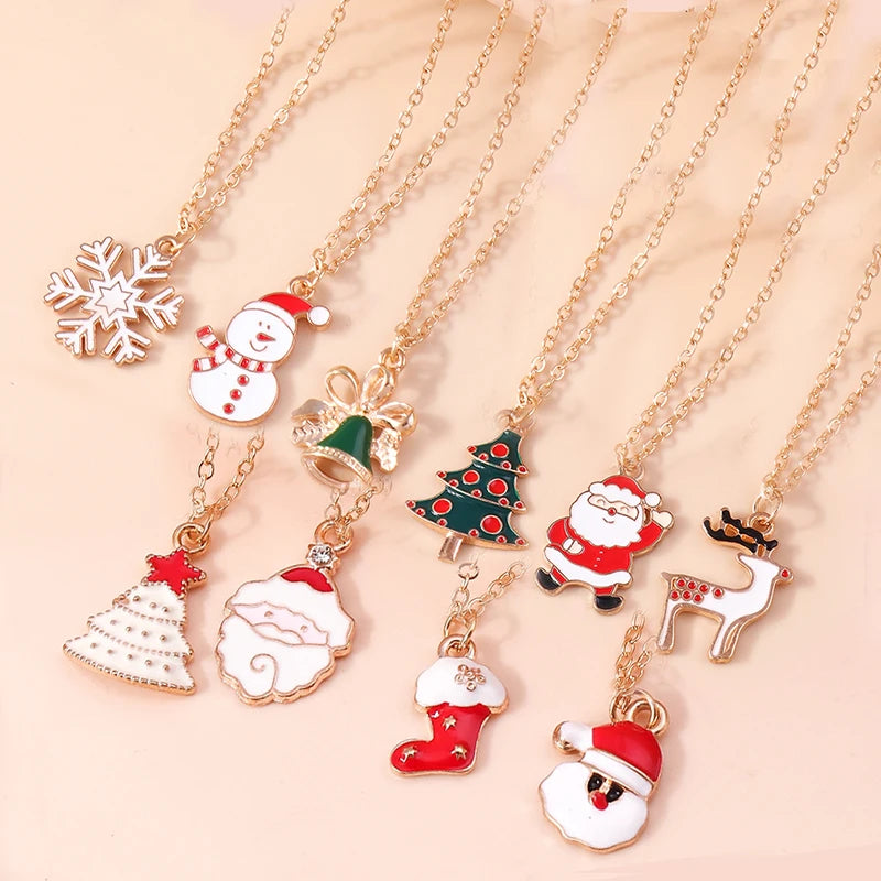 3pcs Christmas Enamel Xmas Tree Bell Santa Snowflake Trendy Pendant Women Necklace Set Jewelry Gift