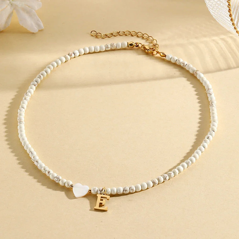 Bohemian Trendy A-Z Initial Heart Shaped Shell letter Pendant Beads Gold Women Necklace Choker