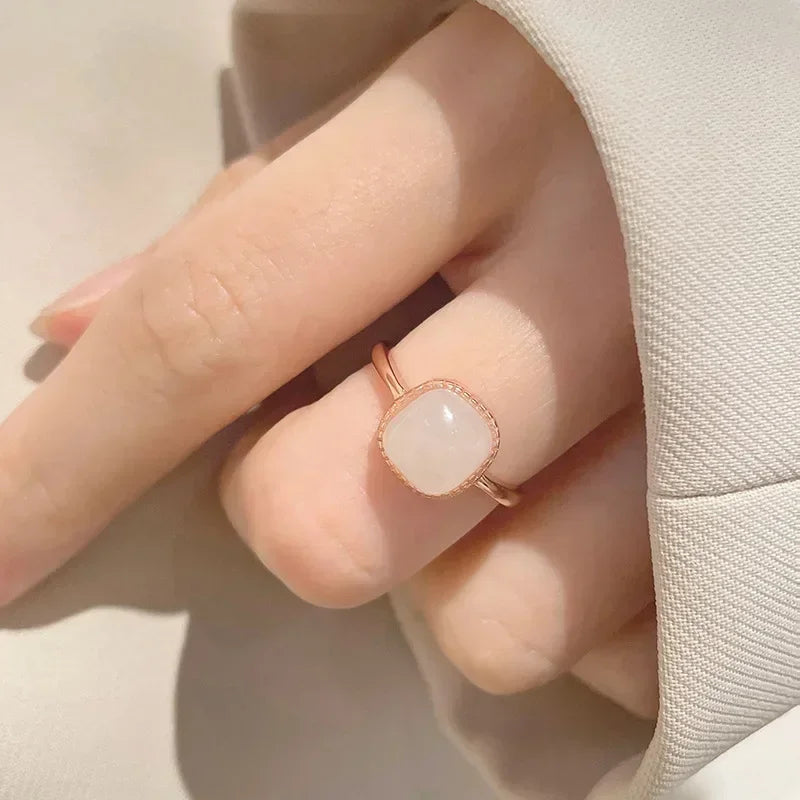 New Imitation Jade Retro Fashion Sweet Finger Simple Adjustable Open Gold Women Rings Jewelry Gift