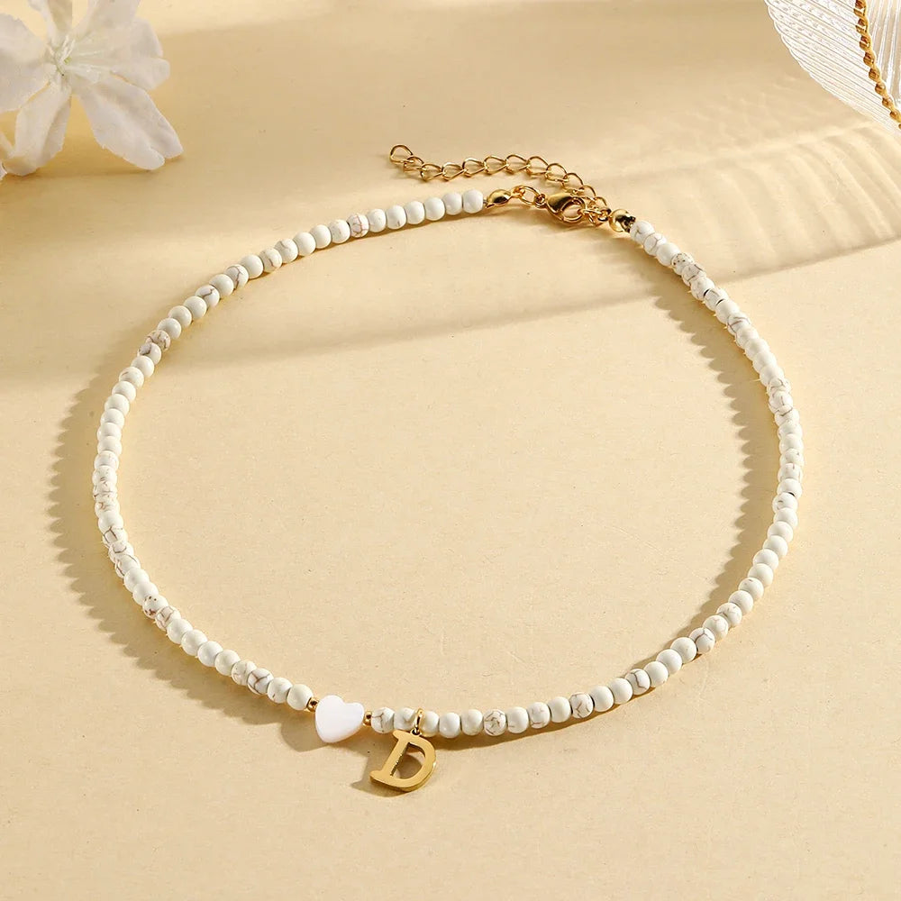 Bohemian Trendy A-Z Initial Heart Shaped Shell letter Pendant Beads Gold Women Necklace Choker