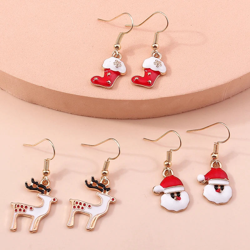 New Fashion Merry Christmas Tree Deer Santa Drop Dangle Beads Gold Women Earrings Jewelry Gifts