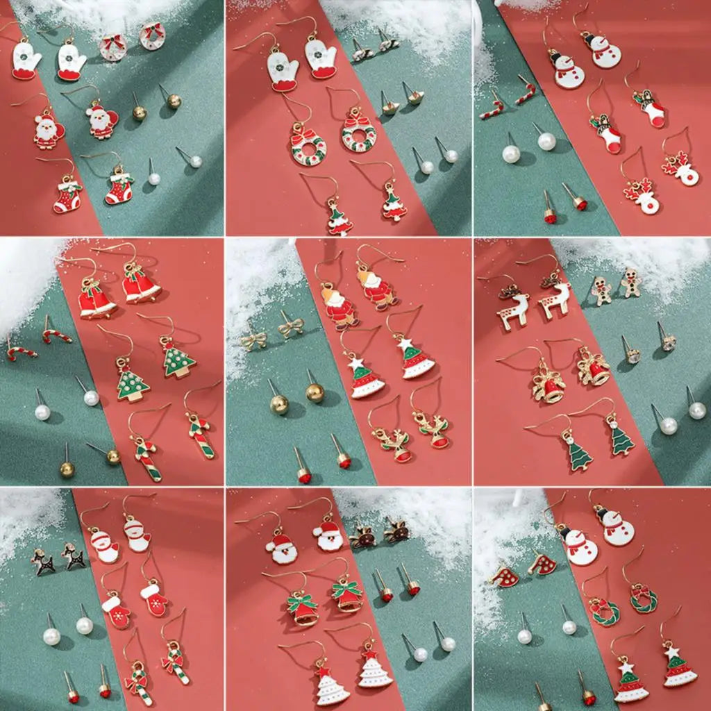 6 pairs Christmas Xmas Tree Elk Snowman Santa Claus Cute Stud Women Girls Kids Earrings Set Gifts