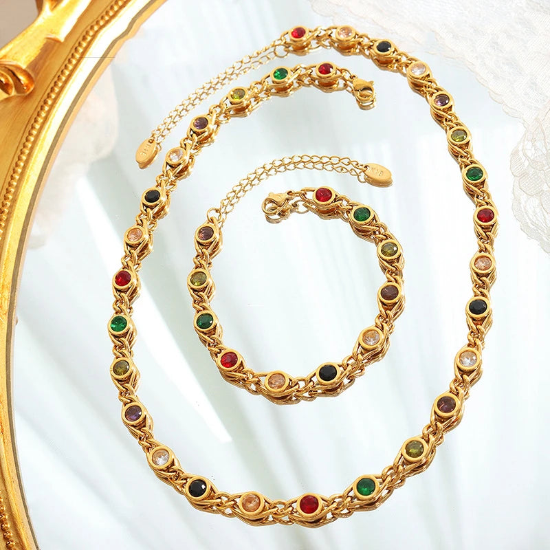 Colorful Zircon Fashion Copper Gold Women Necklace Bracelet Jewelry Set Jewelry Gifts
