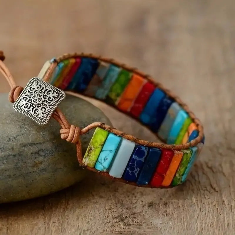New Ethnic Multicolor Natural Gem Leather Tibetan Gypsy Bead Adjustable Bracelet Women Fall Jewelry