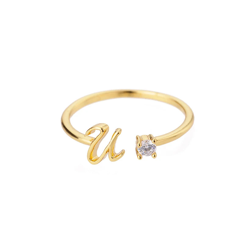 A-Z Initial Open Adjustable Wedding Trendy Crystal Zircon Gold Couple Women Rings Jewelry Gift