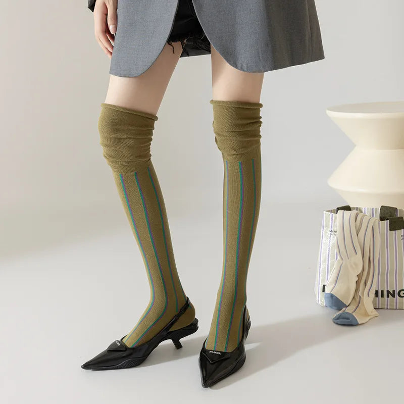 Autumn Fall Fashion Loose Mouth Vertical Stripe Stitching Slim Women Stockings Knee-high Piled Socks