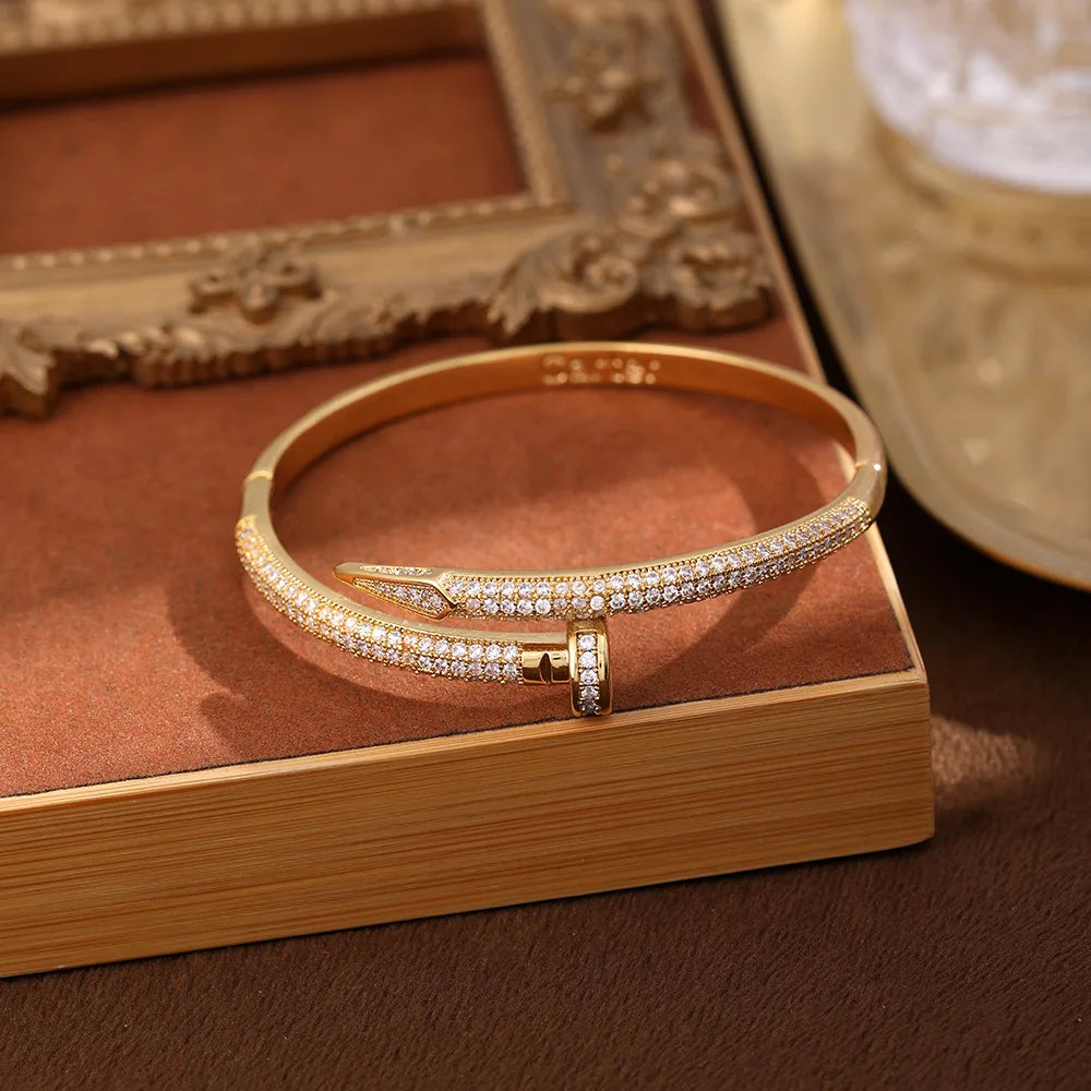 New Zircon Nail Open Fashion Crystal Inlaid Adjustable Silver Gold Women Bracelet Bangle Jewelry