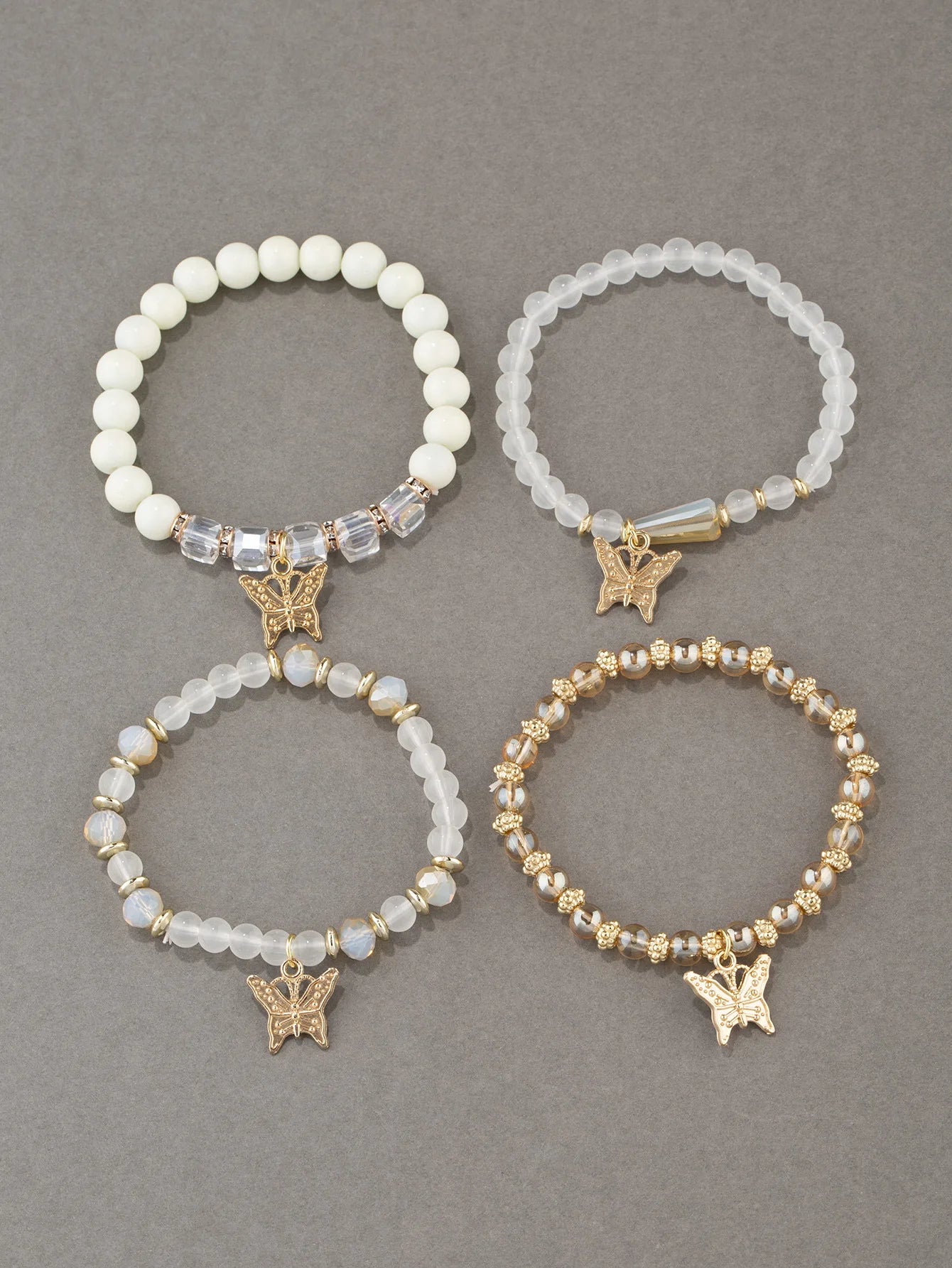 4pcs Trendy Butterfly Beaded Acrylic Beads Bohemian Elastic Chain Gold Women Bracelet Set Bangle Set