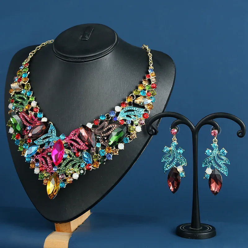 Geometric Colorful Crystal Glass Exaggerated Semi-precious Stone Earrings Necklace Jewelry Set Gift