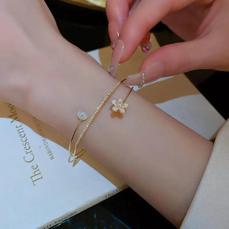 Luxury Zircon Flower Imitation Pearl Opening Gold 3 Layers Fashion Women Bracelet Bangle Jewelry