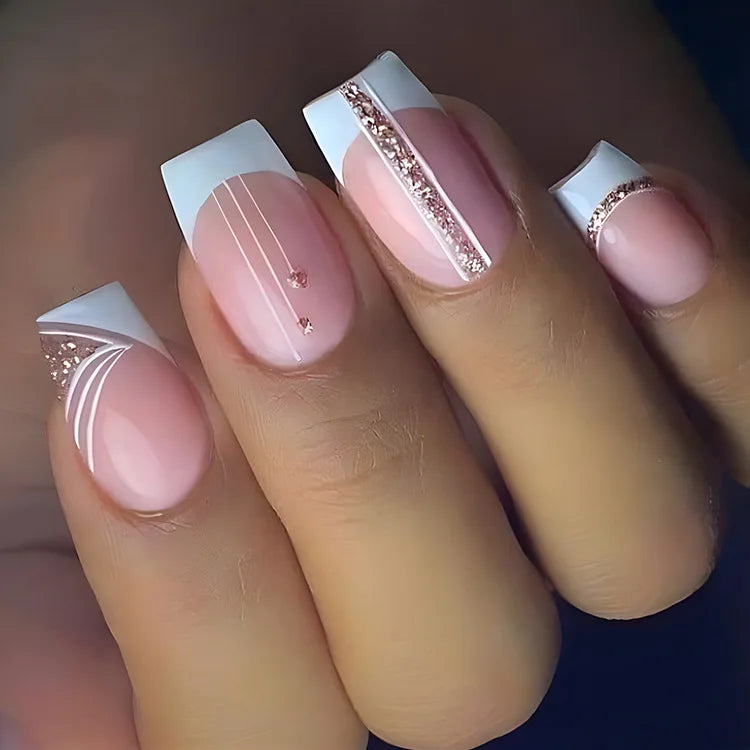 24Pcs Short Square Coffin French Glitter Acrylic Fake Nails Tip with Glue Women Press on Nails Gift