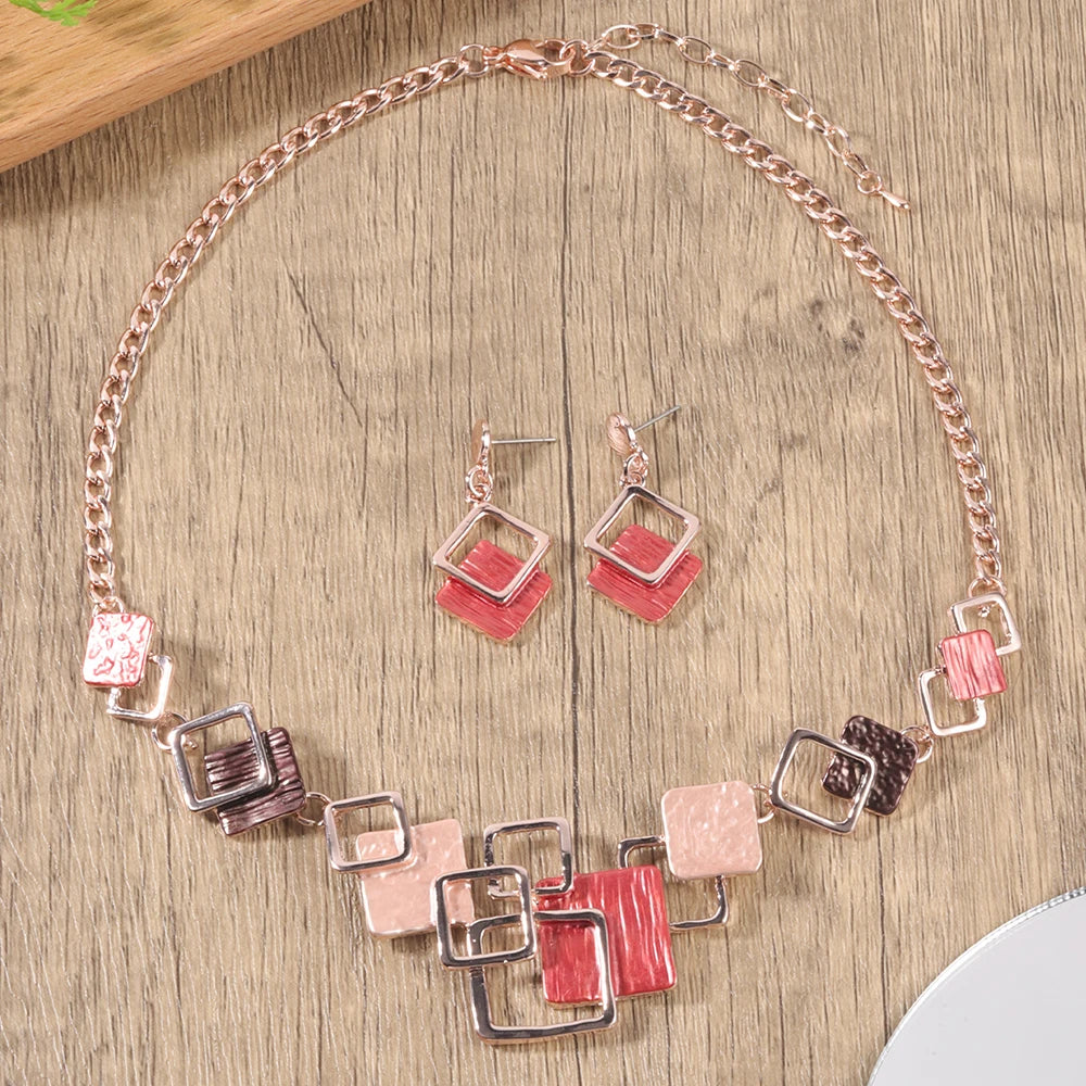 Fashion Simple Drip Oil Geometric Trendy Daily Party Necklace Earrings Gold Silver Women Jewelry Set
