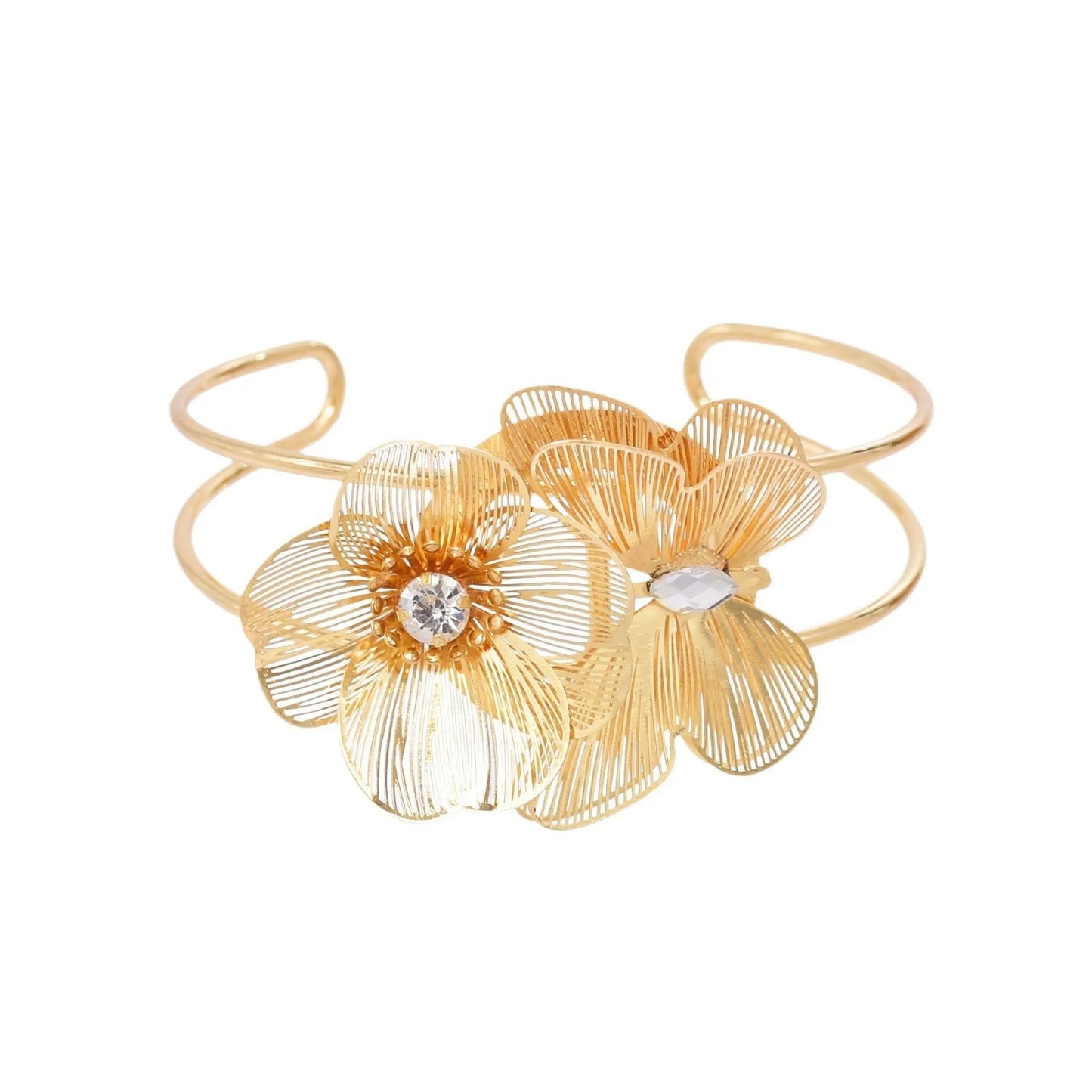 Hollow Crystal Flower Opening Arm Luxury Bridal Wedding Gold Silver Women Bracelet Bangle Jewelry