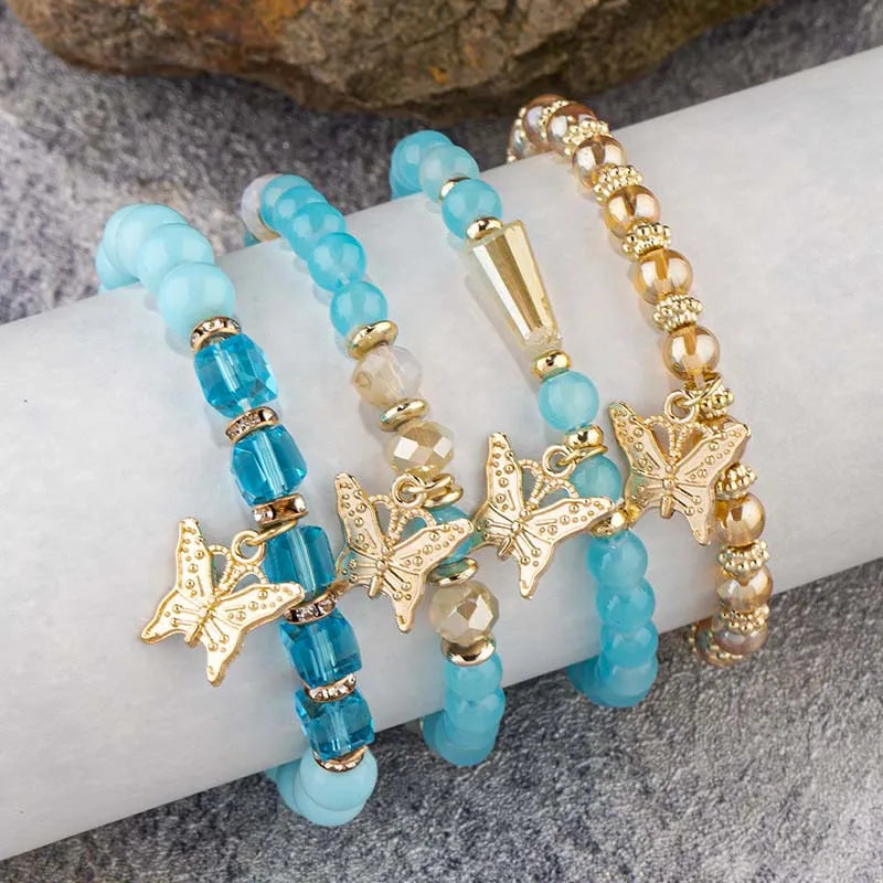 4pcs Trendy Butterfly Beaded Acrylic Beads Bohemian Elastic Chain Gold Women Bracelet Set Bangle Set