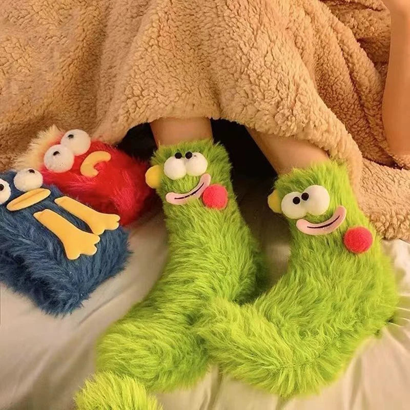 Funny Monster Coral Fleece Floor Fuzzy Couple Sleep Socks Fall Autumn Winter Christmas Stocking Gift